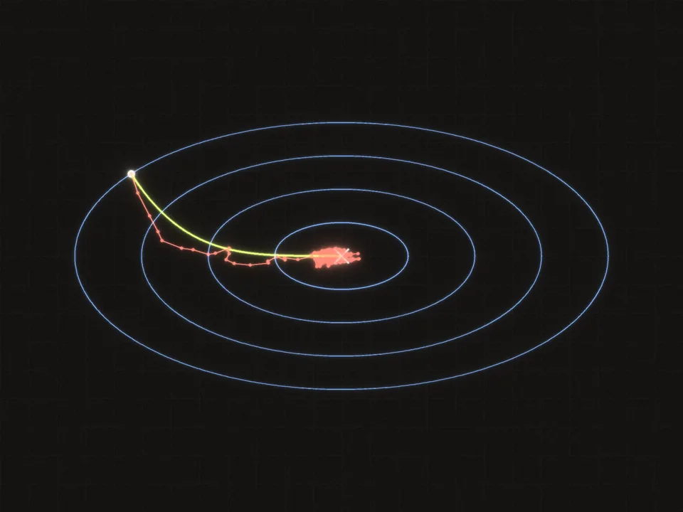A bowl seen from above as nested contour ellipses. A smooth path curves steadily from the rim to the center. A second, jittery path zigzags in small random directions but trends toward the same center, and near the center it keeps wandering in a small cloud around the lowest point instead of stopping on it.