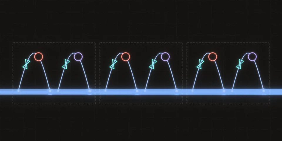 A broad stream of light flows left to right through a row of blocks; inside each block two thin branches, one after the other, split off the stream, each passes through a narrow gate and a small machine, and each flows back into the stream a little further on, while the stream itself is never cut