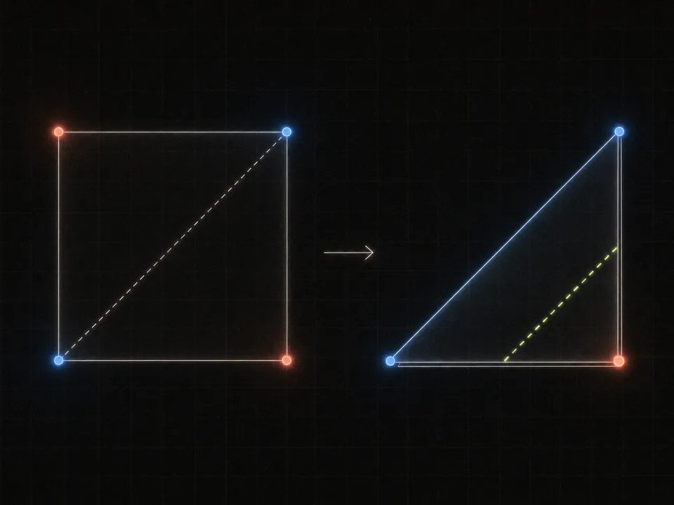 A square sheet of paper shown twice: first flat, with coral dots at two opposite corners and blue dots at the other two; then folded in half along the diagonal through the two blue dots, so that the two coral corners lie on top of each other, with one straight cut, parallel to the fold, separating the stacked coral corners from both blue dots