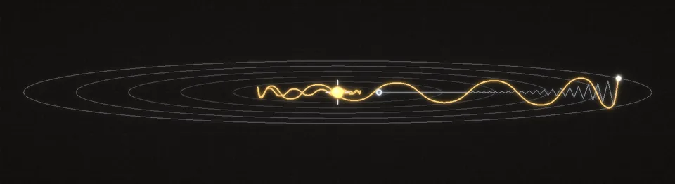 A long narrow valley seen from above as nested ellipses around one lowest point, each ellipse ten times as long as it is wide. Two paths leave the same starting point, up on one wall and some way along the valley. The thin path zig-zags from wall to wall on every step, its zig-zags dying out quickly, then crawls along the floor and ends well short of the lowest point. The heavy ball's path swings from wall to wall more slowly, with swings that shrink steadily, races along the floor, rolls past the lowest point by about a quarter of the distance it came, swings back with a smaller overshoot, and settles on the lowest point