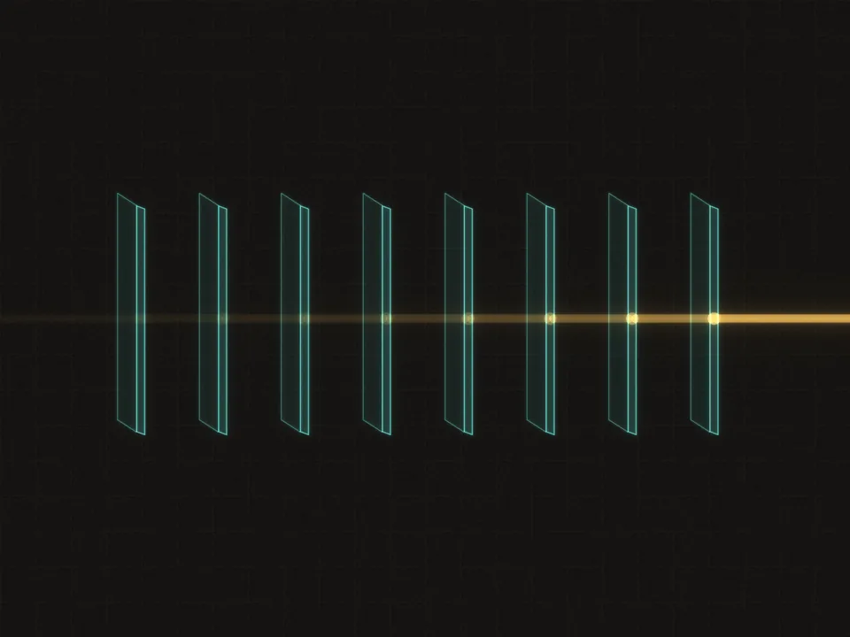 A beam of amber light enters at the right and travels left through eight identical, evenly spaced panes of tinted glass. Each pane lets through the same fraction of the light that reaches it, so the beam dims by the same ratio at every pane and is only a faint glow at the far left.