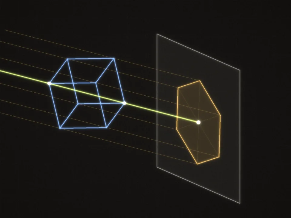 Parallel rays of light passing through a wireframe cube and casting its flat shadow on a wall, with all the points along one highlighted ray landing on a single point of the shadow